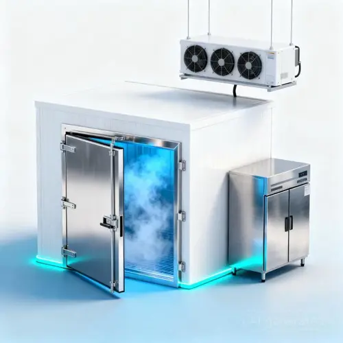 Ilustrasi 3D Refrigeration — Sistem refrigerasi untuk penyimpanan dan pendinginan cepat.