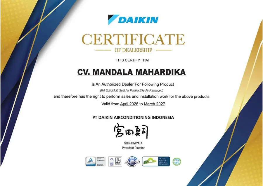 Sertifikat VRV Certified Dealer dari PT Daikin Airconditioning Indonesia