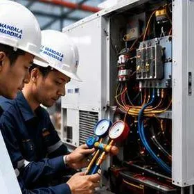 Teknisi melakukan pengukuran pada panel unit AC