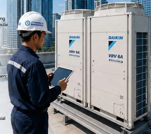 Teknisi Mandala Mahardika memeriksa unit Daikin VRV di atap gedung